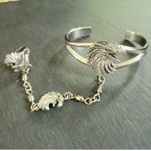 Vintage 1995 JJC Eagle Head Slave Bracelet Cuff Ring Set Silver Tone Biker 90s